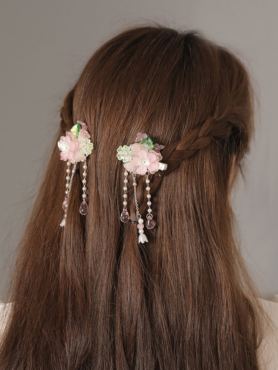 Pack of 2 - Pink Floral Tassel Hair Clips