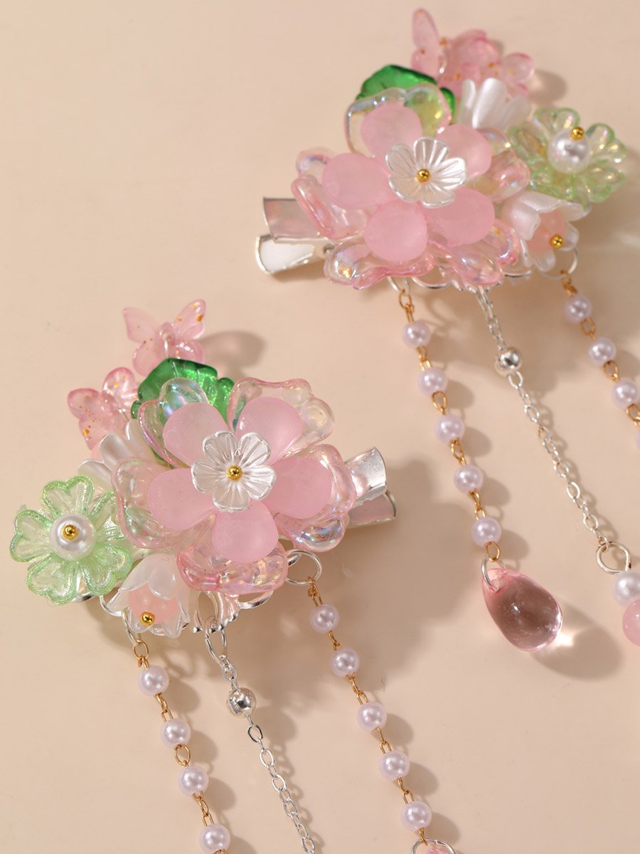 Pack of 2 - Pink Floral Tassel Hair Clips
