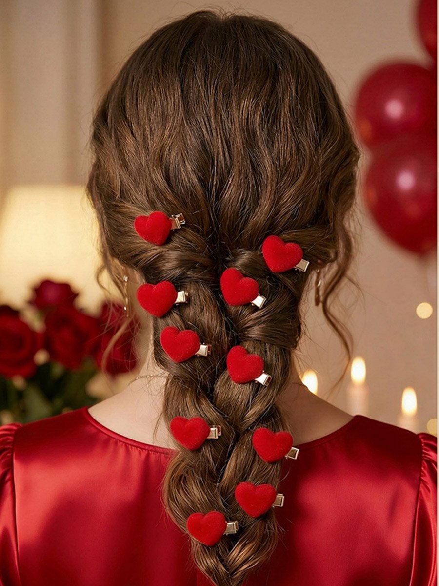 Pack of 10 - Red Heart Hair Clips