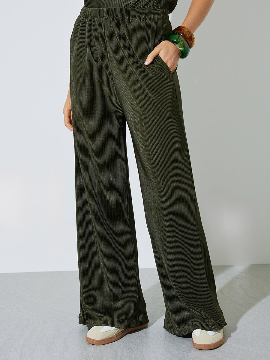 Olive Plisse Wide Leg Pants