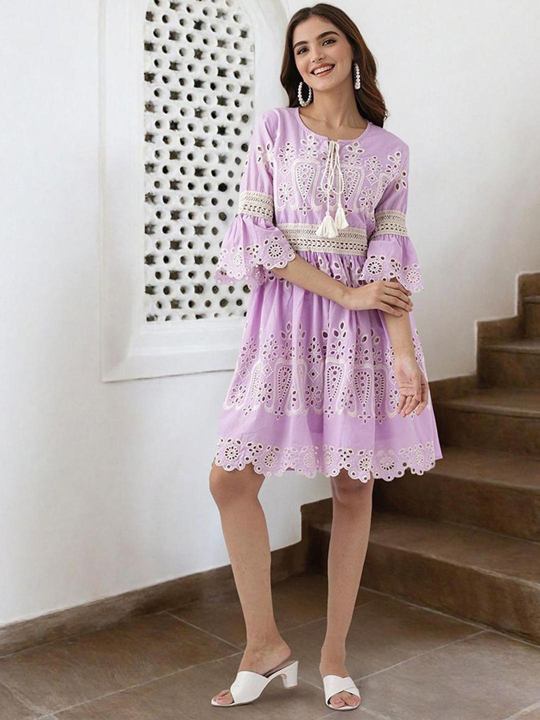 Lilac Cotton Broderie Eyelet Knee Length Dress For Women at Bahrain | Styli