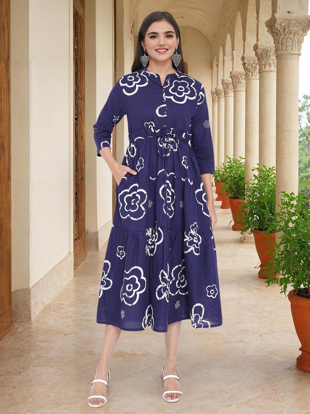 Blue Cotton Floral Print Tiered Midi Dress