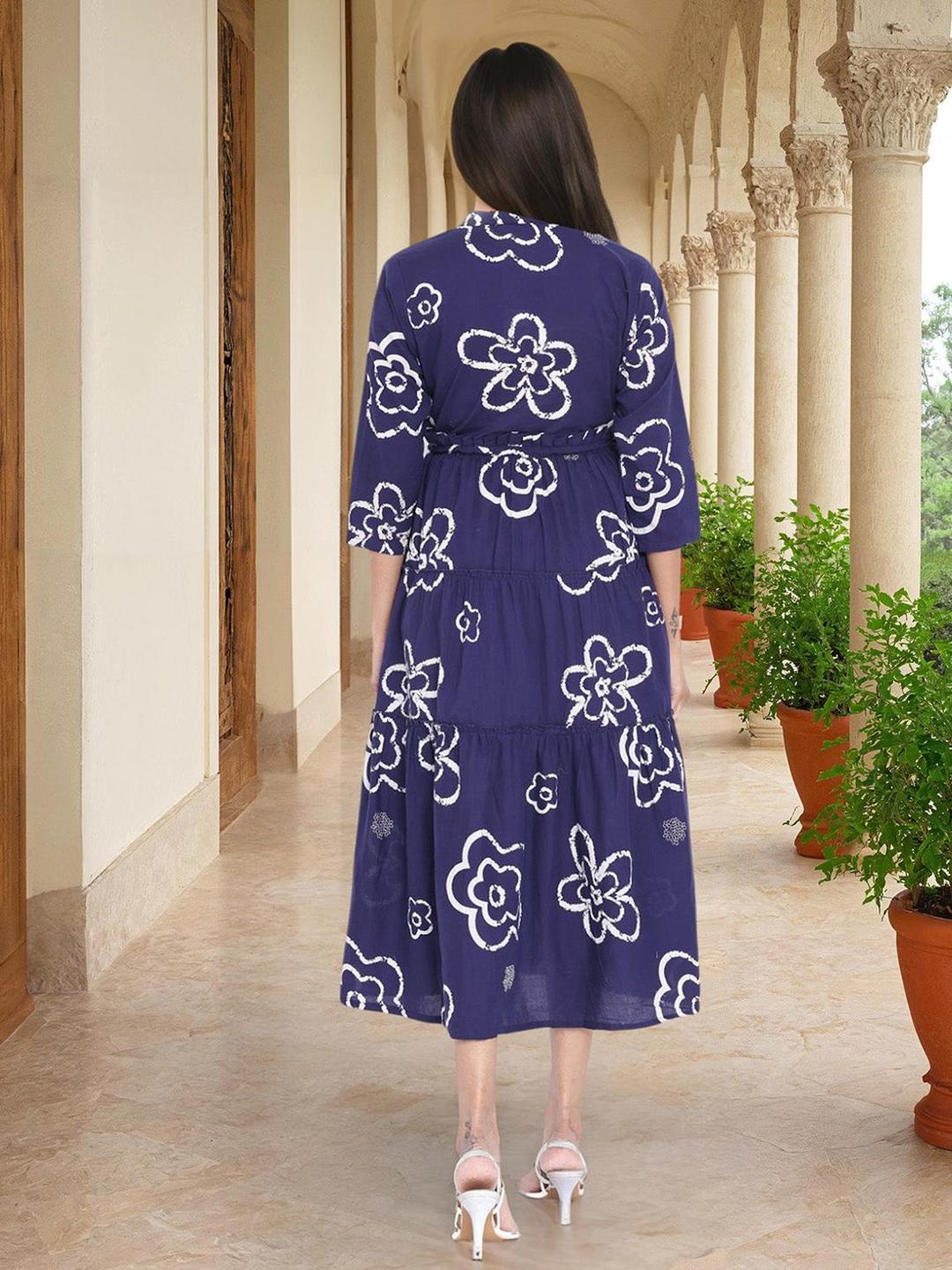 Blue Cotton Floral Print Tiered Midi Dress