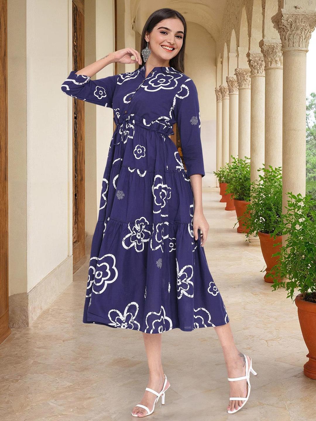 Blue Cotton Floral Print Tiered Midi Dress