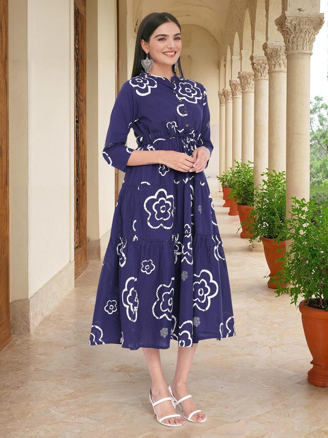 Blue Cotton Floral Print Tiered Midi Dress