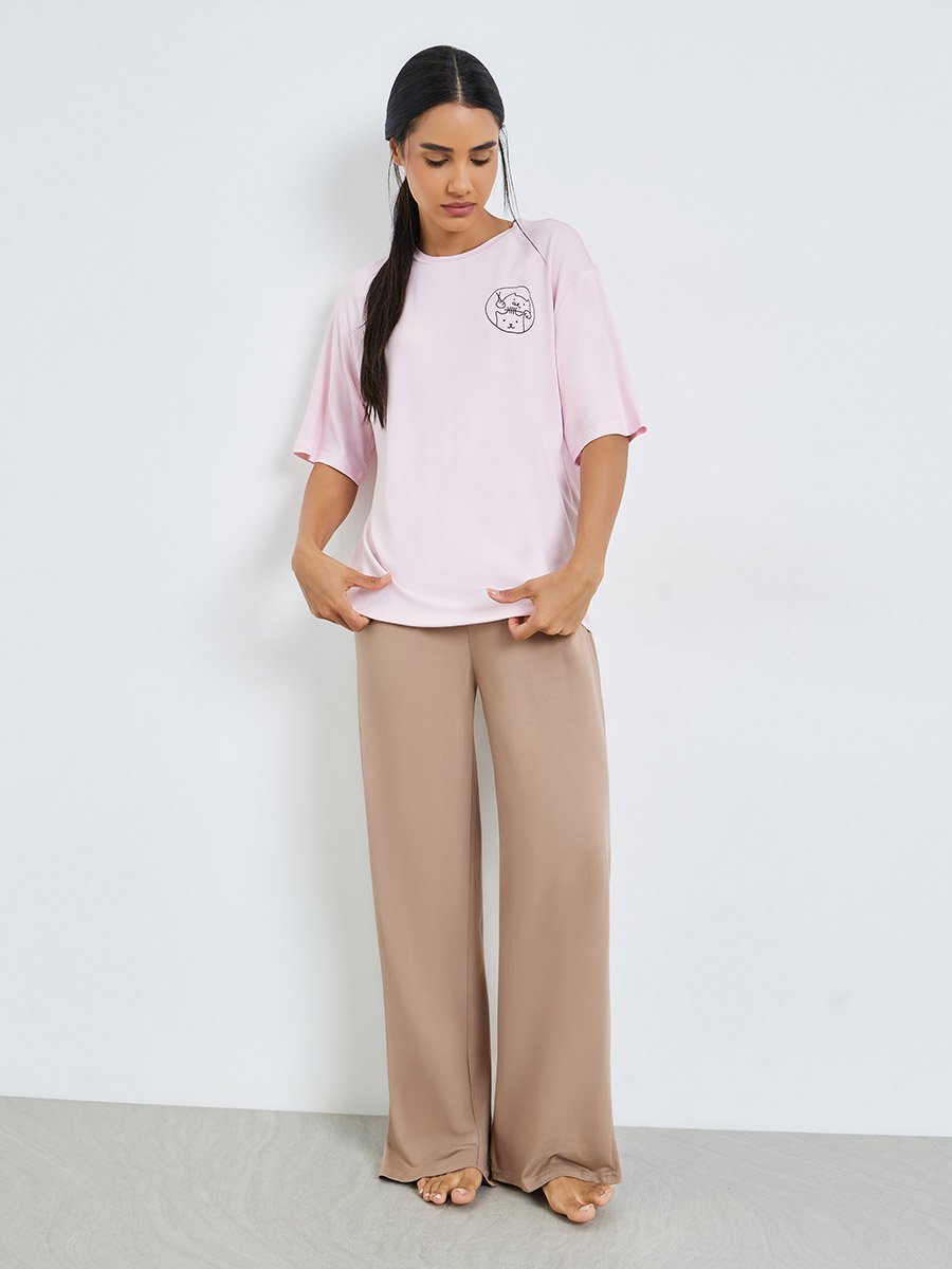 Round Neck Cat Print T-Shirt and Pyjama Set