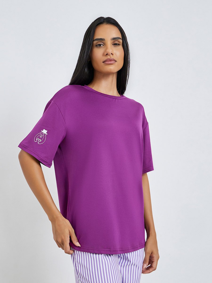 Solid Round Neck T-Shirt and Striped Pyjama Set