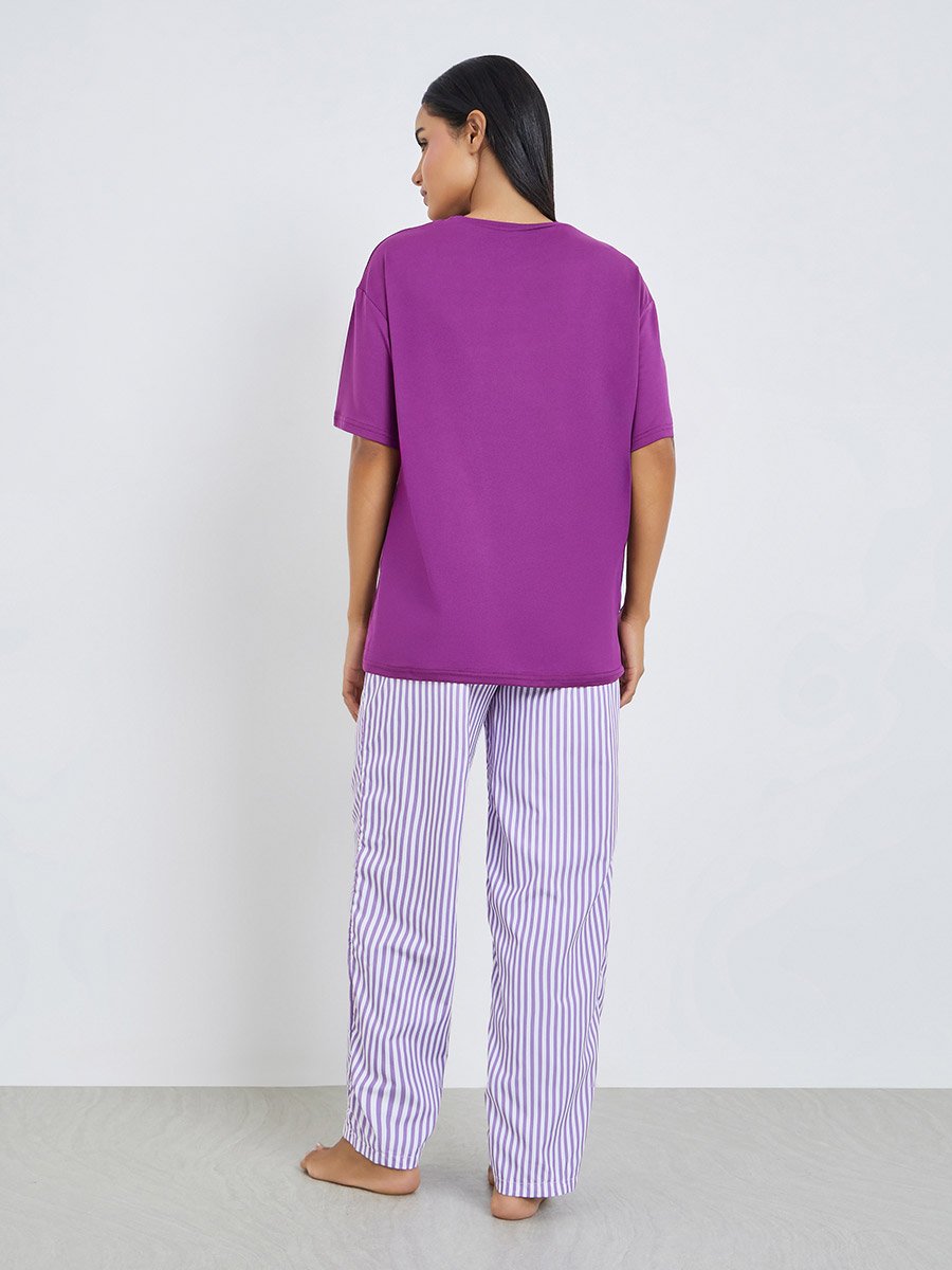 Solid Round Neck T-Shirt and Striped Pyjama Set
