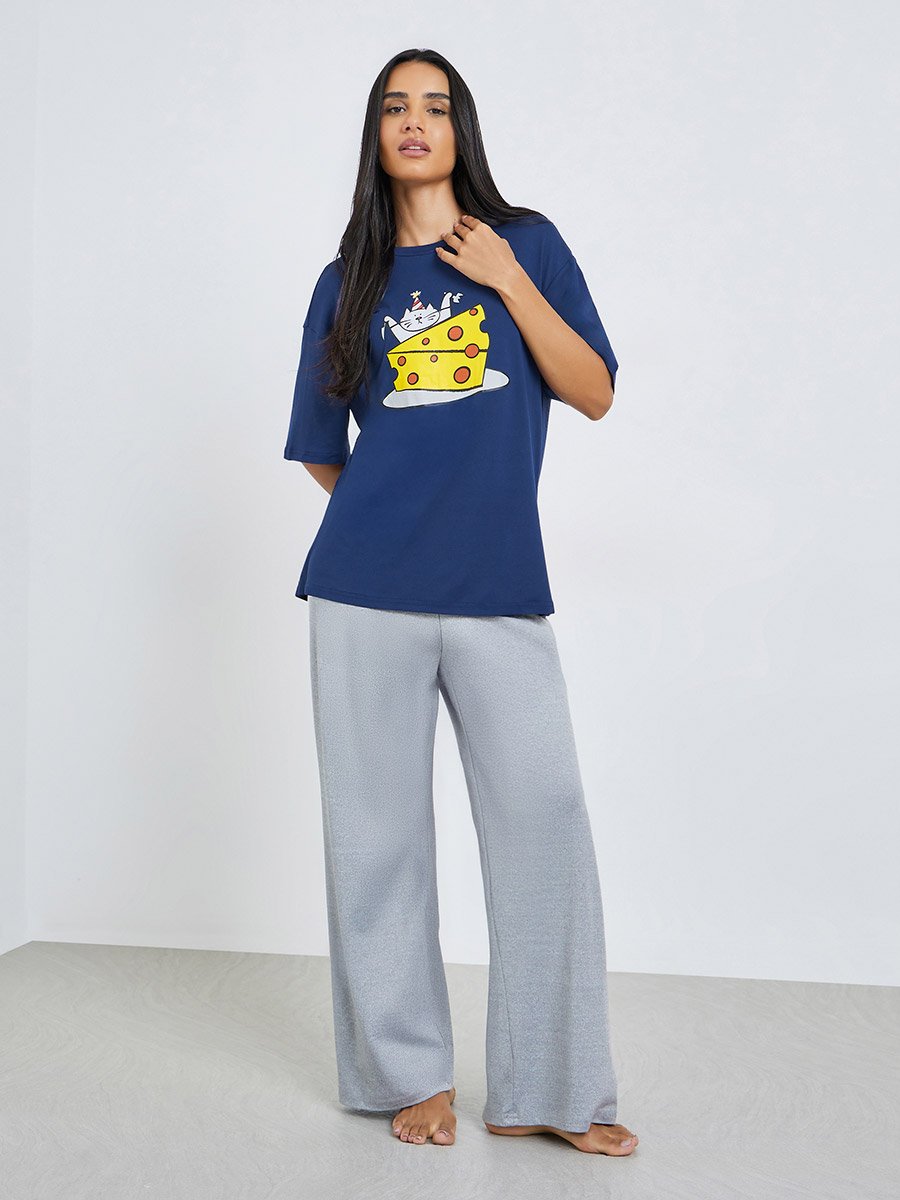Cat Cheese Graphic Print T-Shirt and Pyjama Set