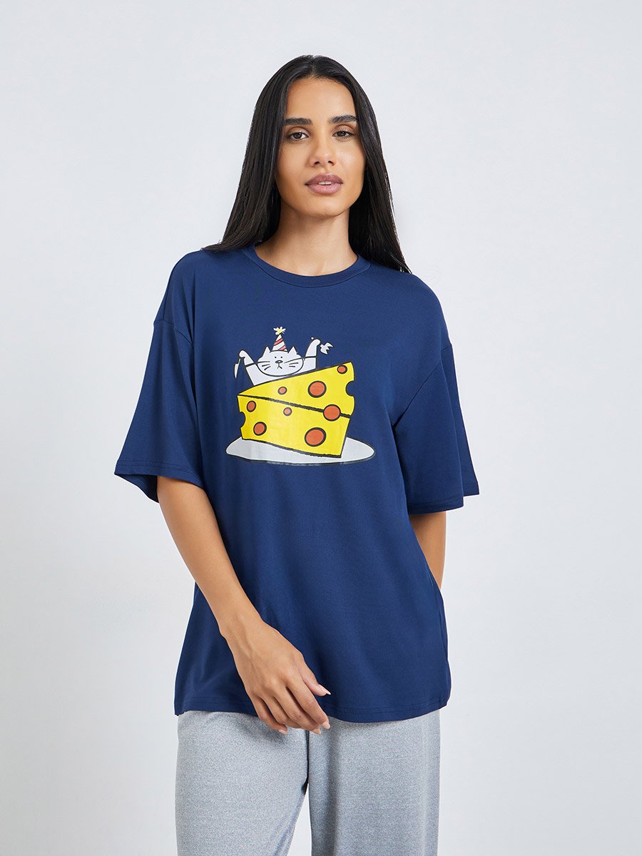 Cat Cheese Graphic Print T-Shirt and Pyjama Set