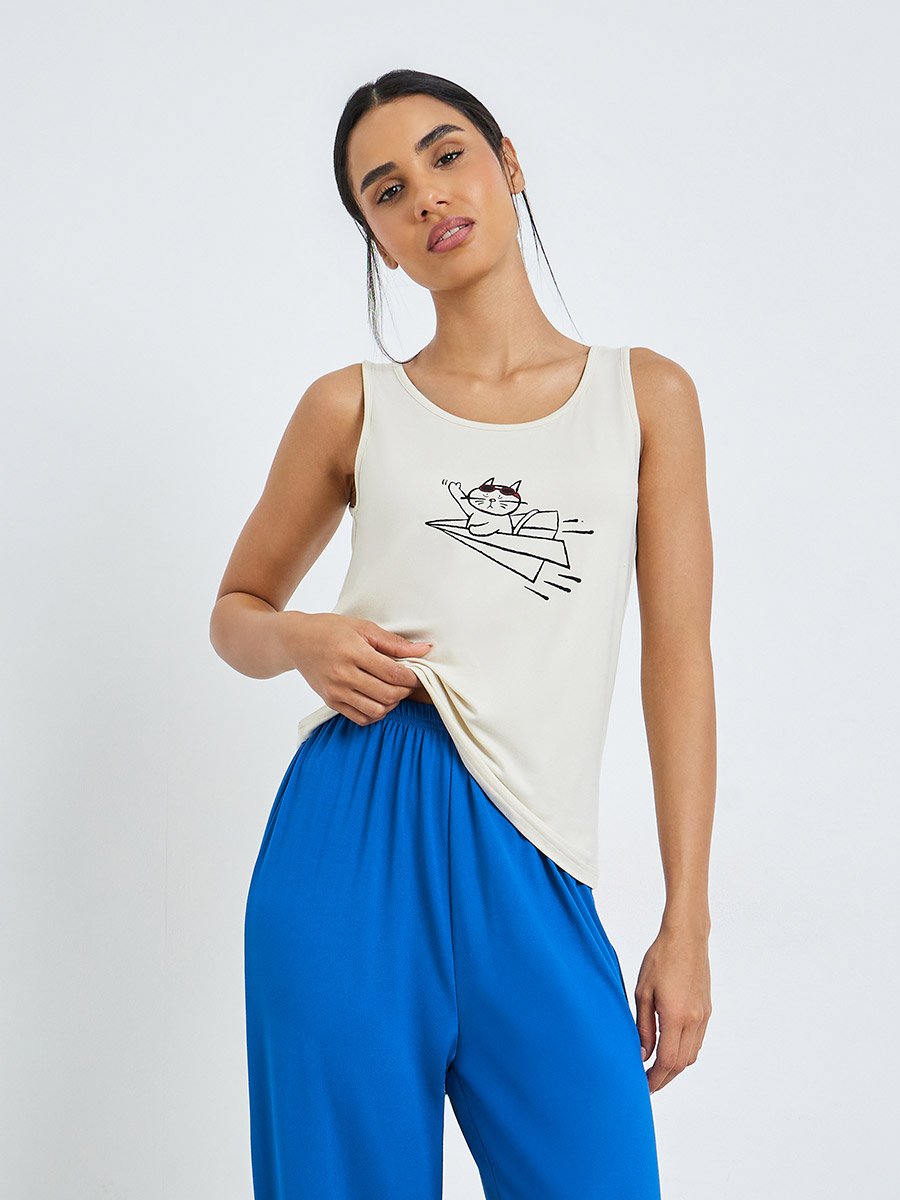Sleeveless Print Tank and Solid Pyjama Set