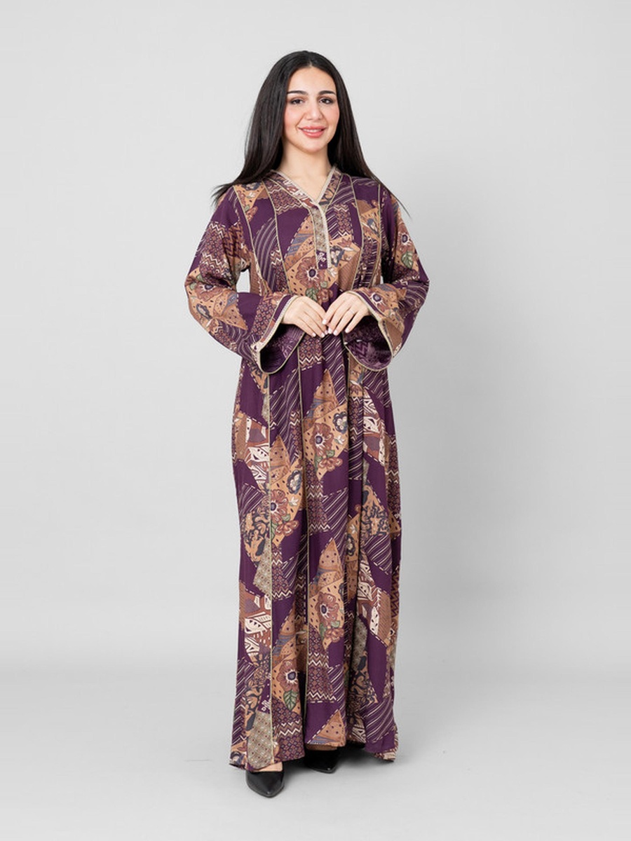 Haneen All-Over Print V Neck Jalabiya with Lace Trim