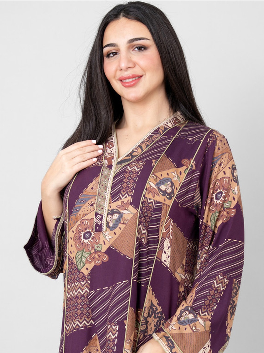 Haneen All-Over Print V Neck Jalabiya with Lace Trim