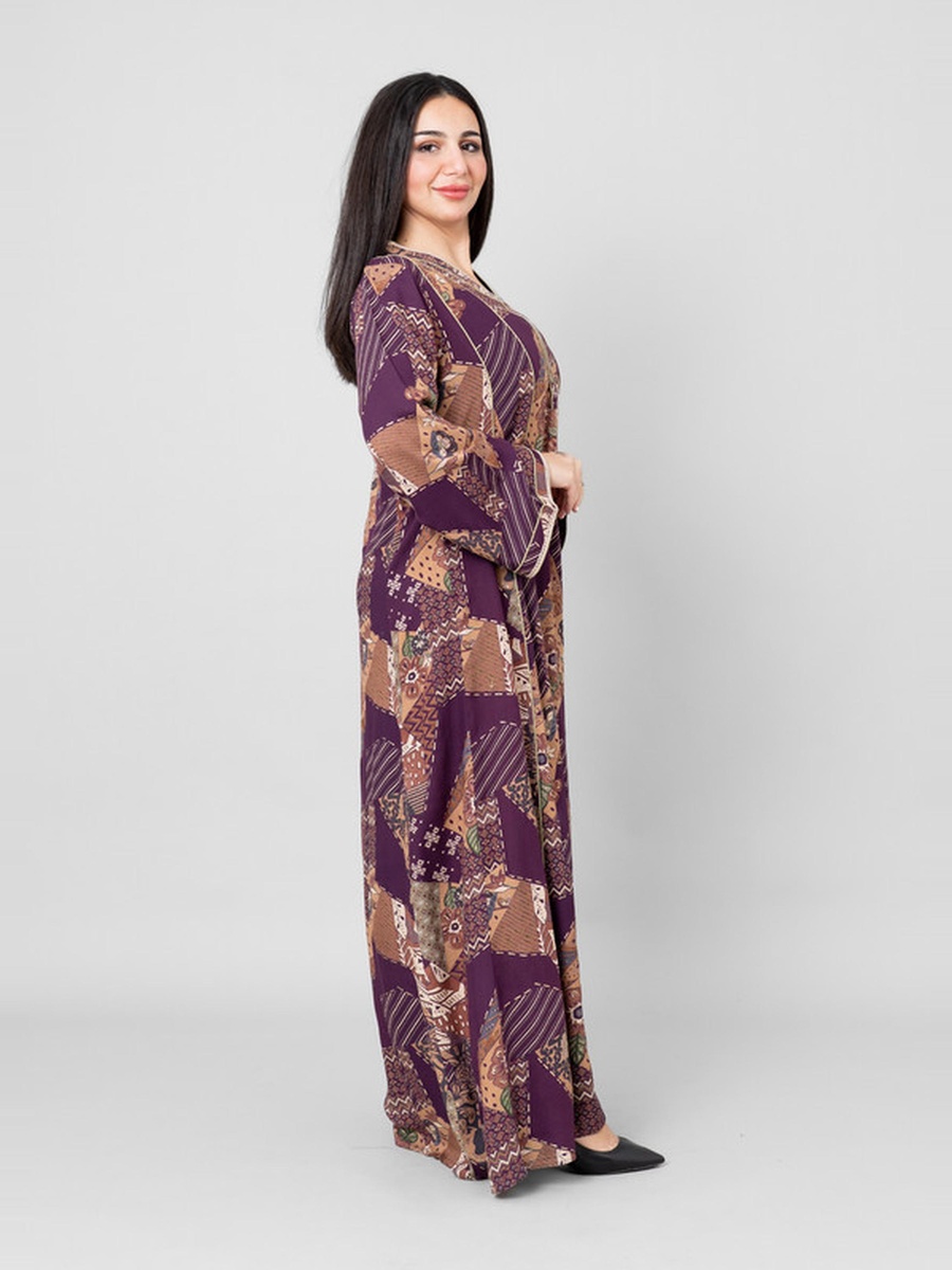 Haneen All-Over Print V Neck Jalabiya with Lace Trim