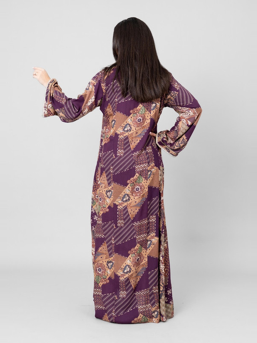 Haneen All-Over Print V Neck Jalabiya with Lace Trim