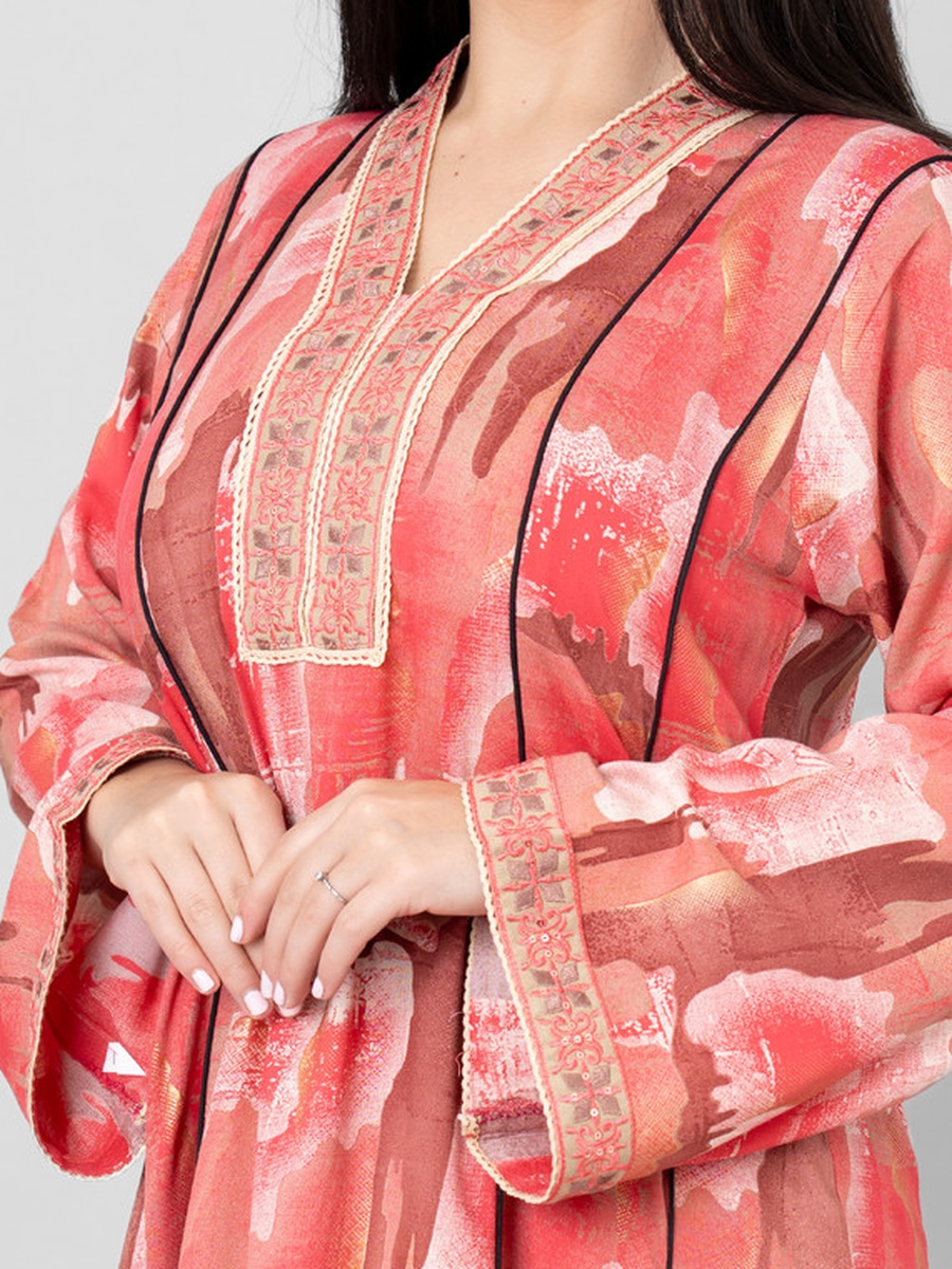Khuyout All-Over Print V Neck Jalabiya with Embroidery