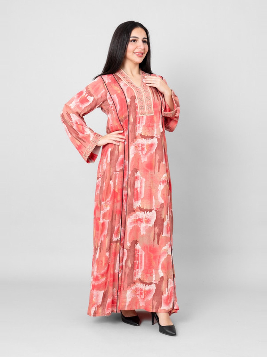 Khuyout All-Over Print V Neck Jalabiya with Embroidery