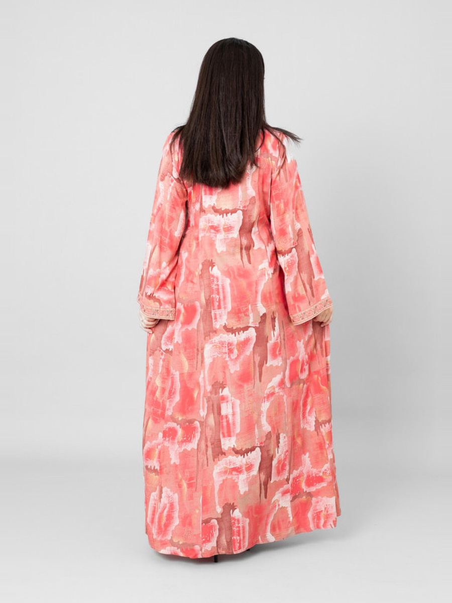 Khuyout All-Over Print V Neck Jalabiya with Embroidery