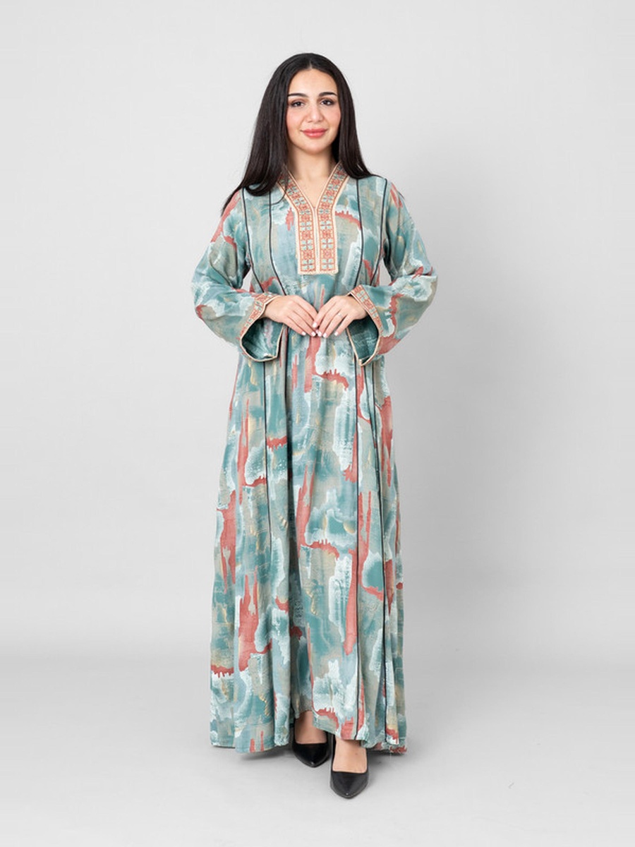 Khuyout All-Over Print V Neck Jalabiya with Embroidery