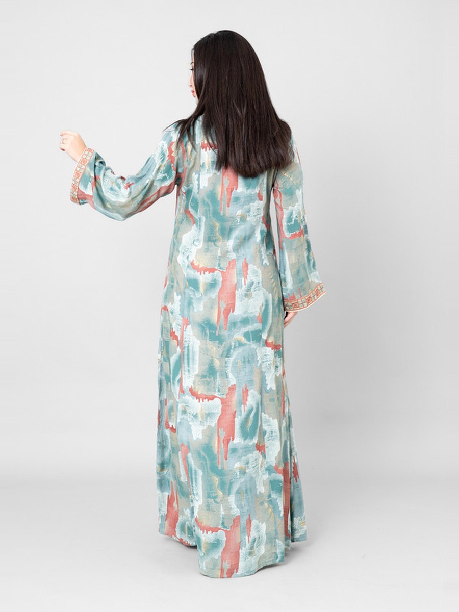 Khuyout All-Over Print V Neck Jalabiya with Embroidery