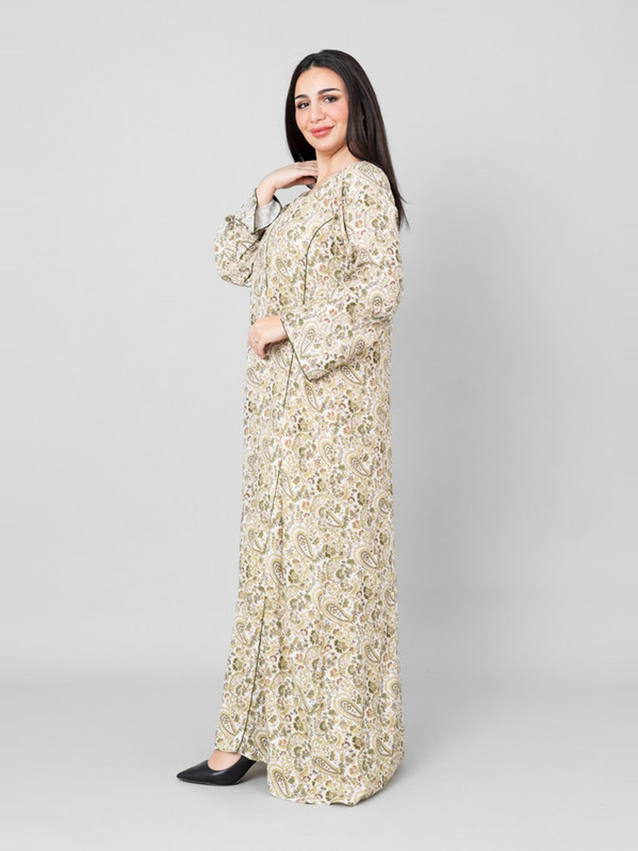 Layali Paisley Print Notch Neck Jalabiya