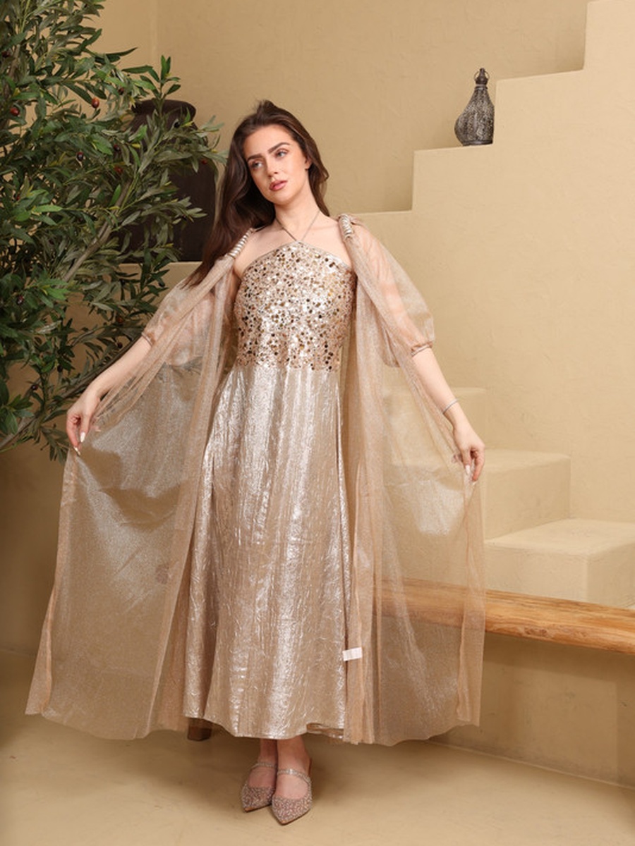 Royal Mist Embellished Halter Neck Jalabiya with Kimono