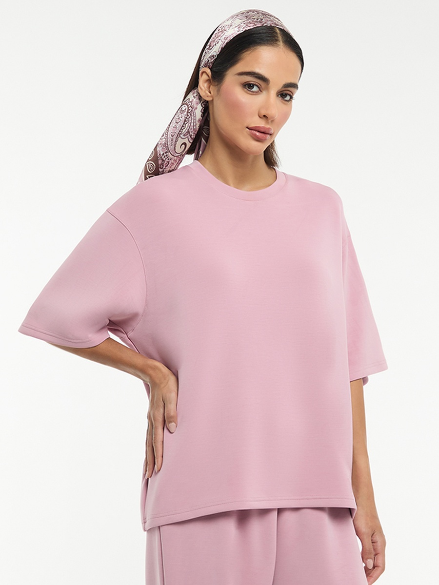 Crew Neck Oversized Modal Scuba T-Shirt with Short Sleeves 