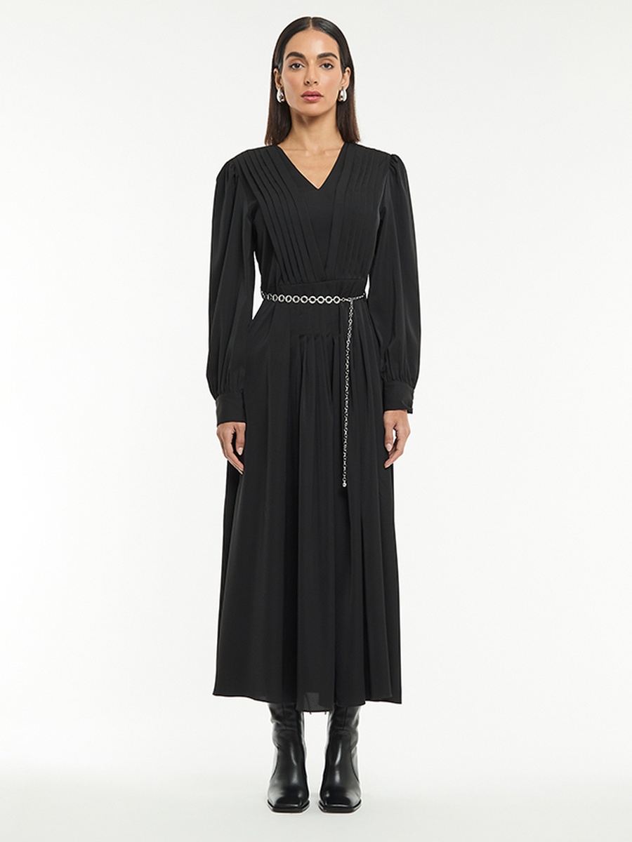 Solid Long Sleeve Pleated A-Line Maxi Dress with Belt