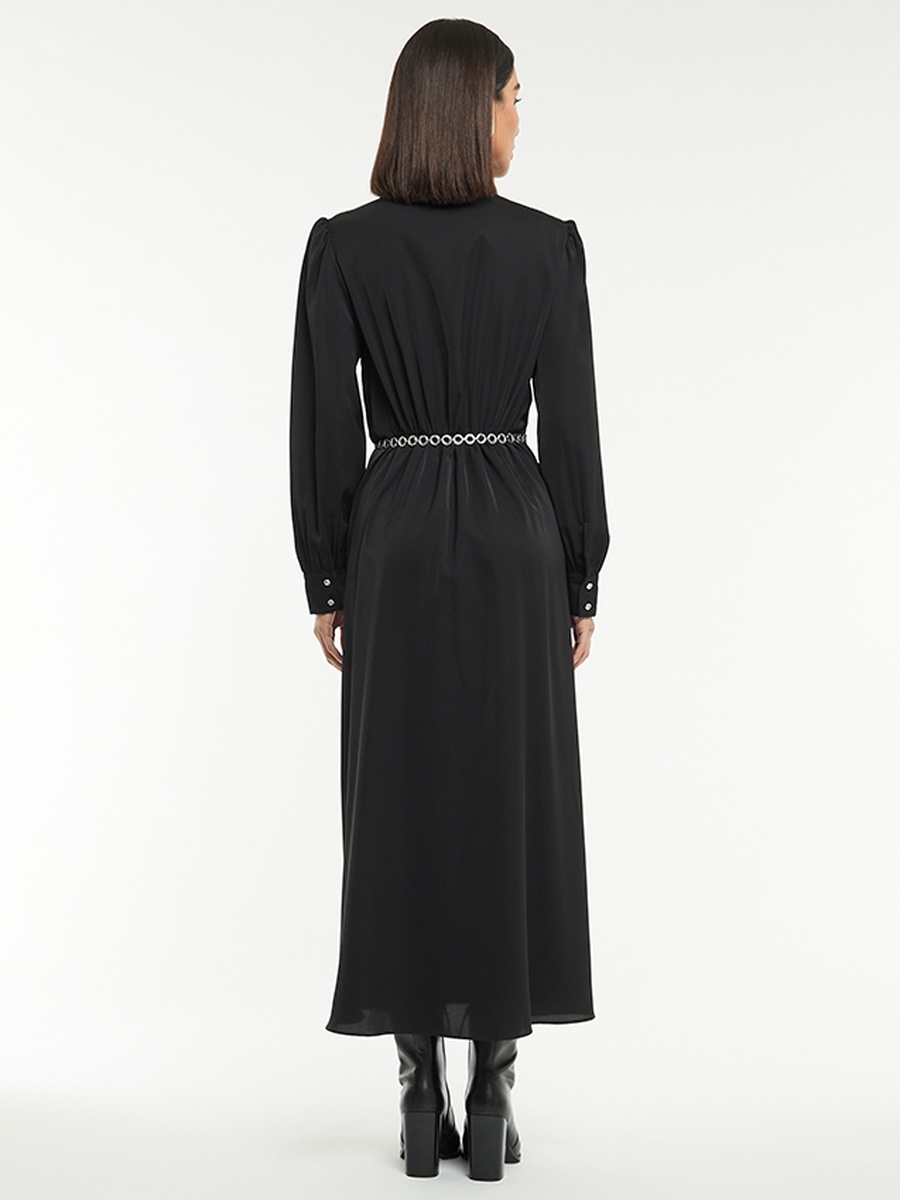 Solid Long Sleeve Pleated A-Line Maxi Dress with Belt
