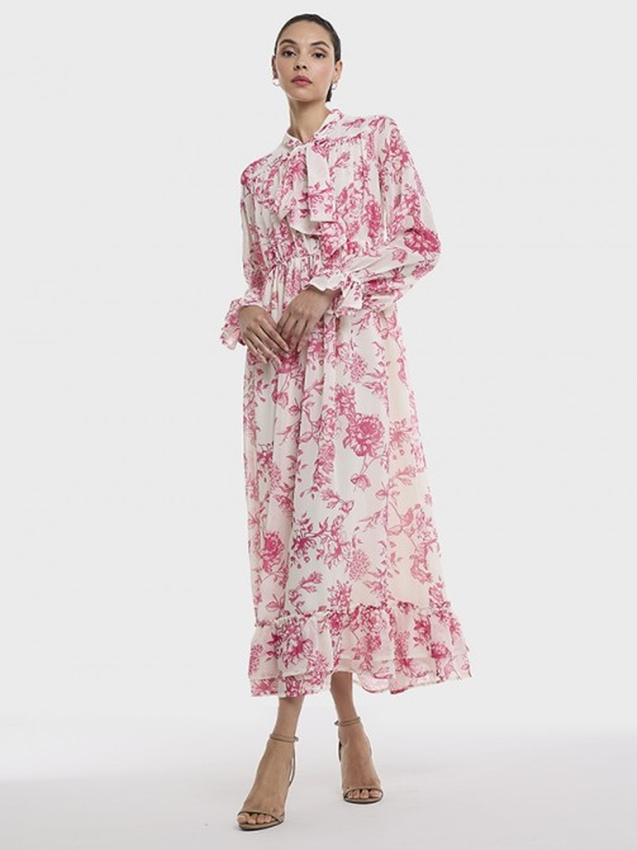 Printed Dress with Tie Neck