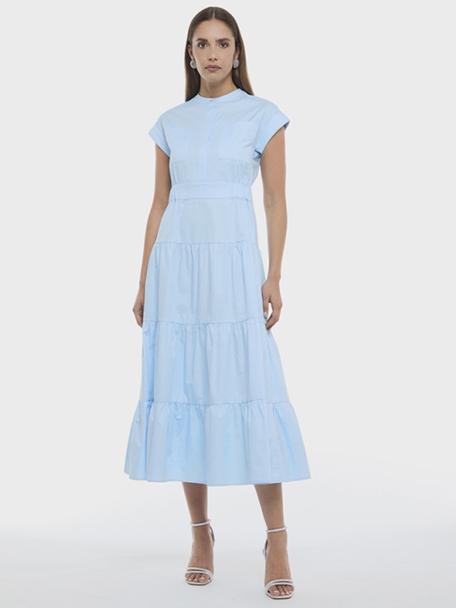 Solid Cap Sleeves Tiered Poplin Midi Dress