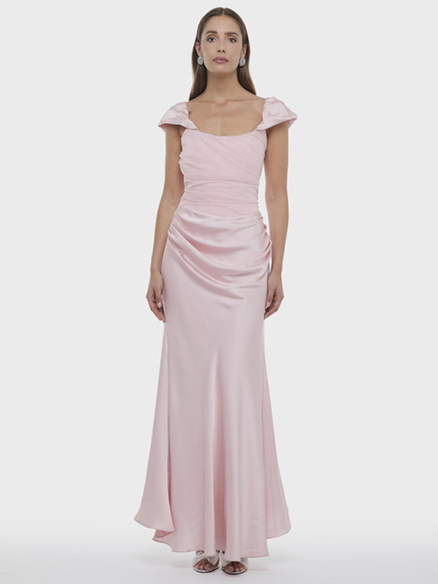 Ruched Cap Sleeve Corset Satin Maxi Dress
