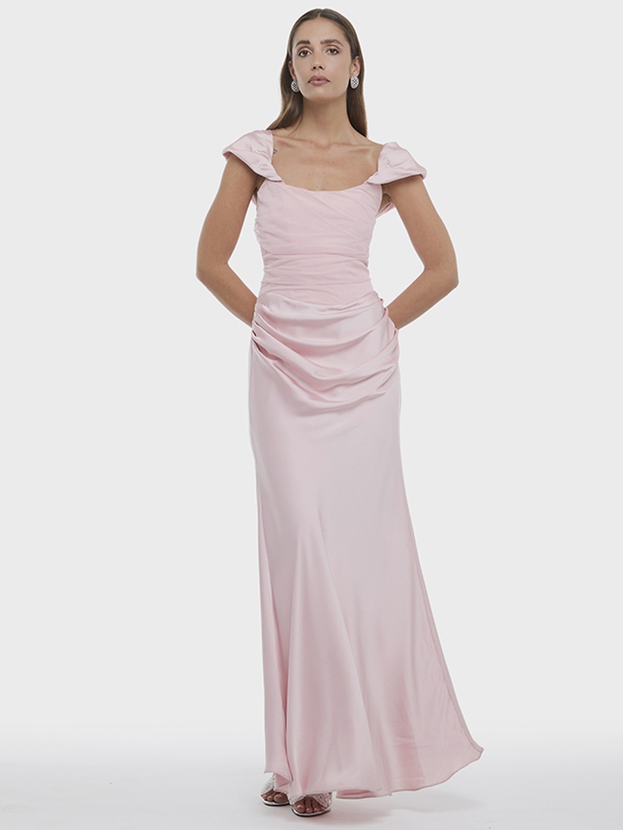 Ruched Cap Sleeve Corset Satin Maxi Dress