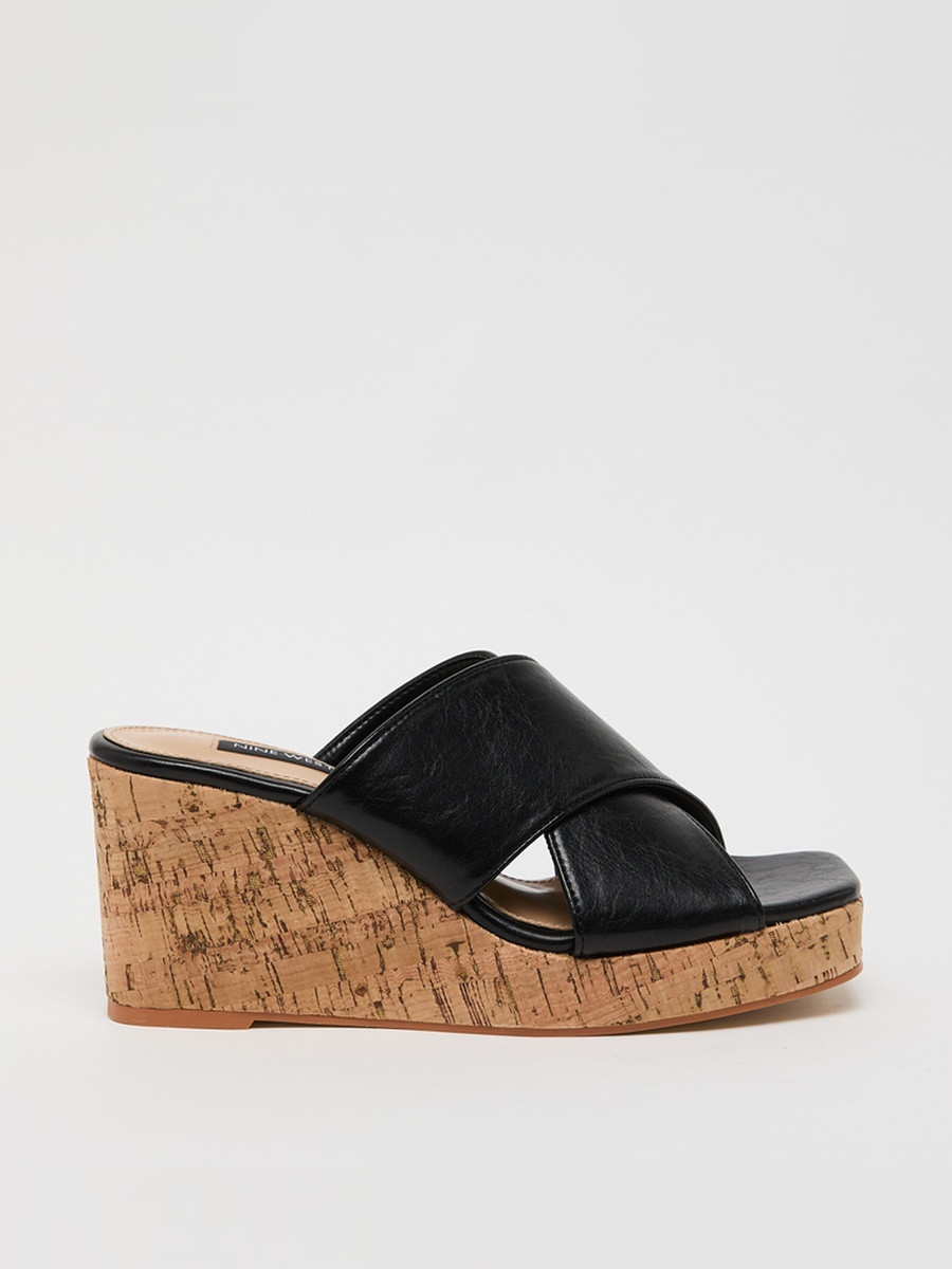 Black Wide Cross Strap Wedge Heel Sandals