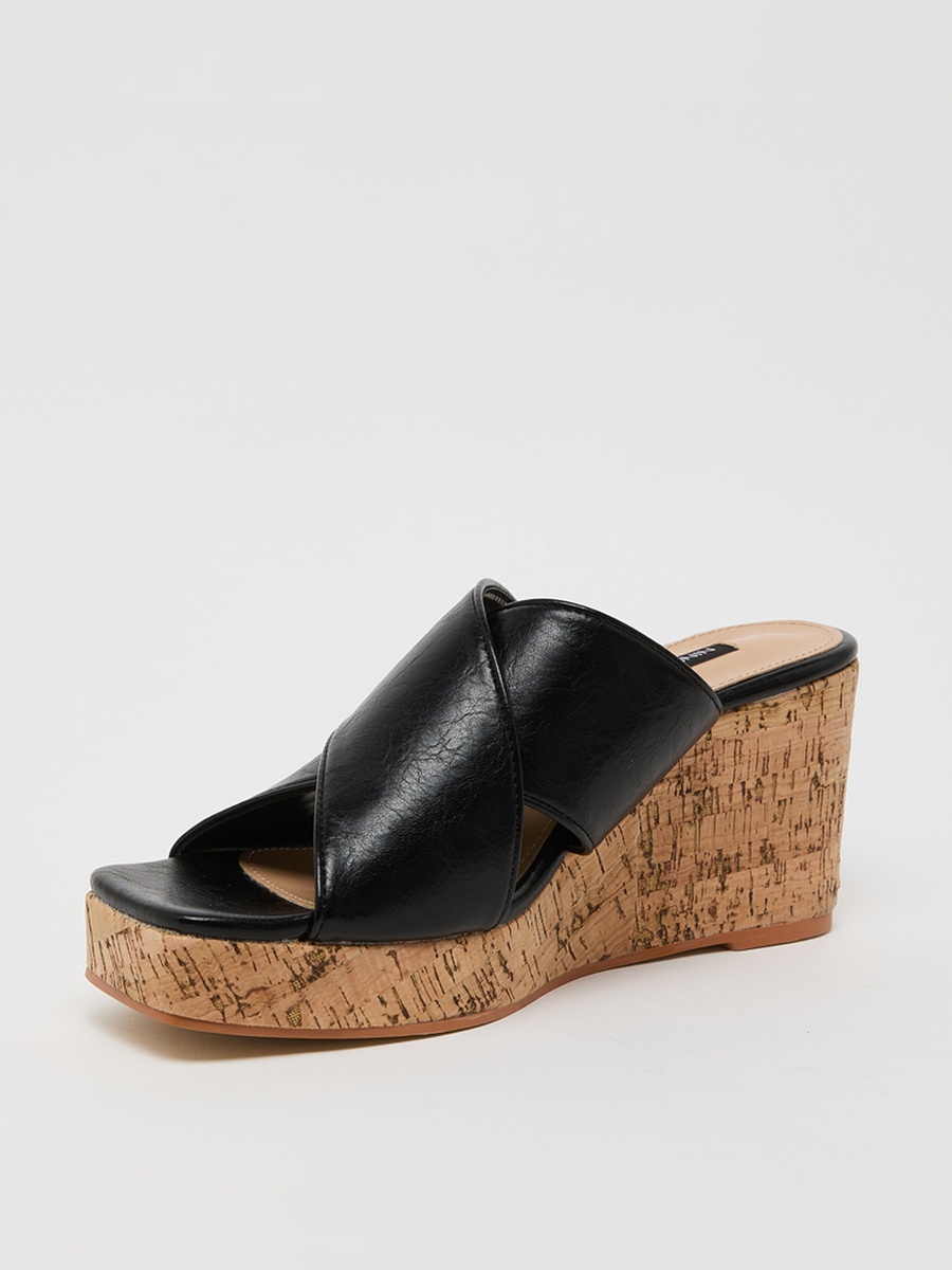 Black Wide Cross Strap Wedge Heel Sandals