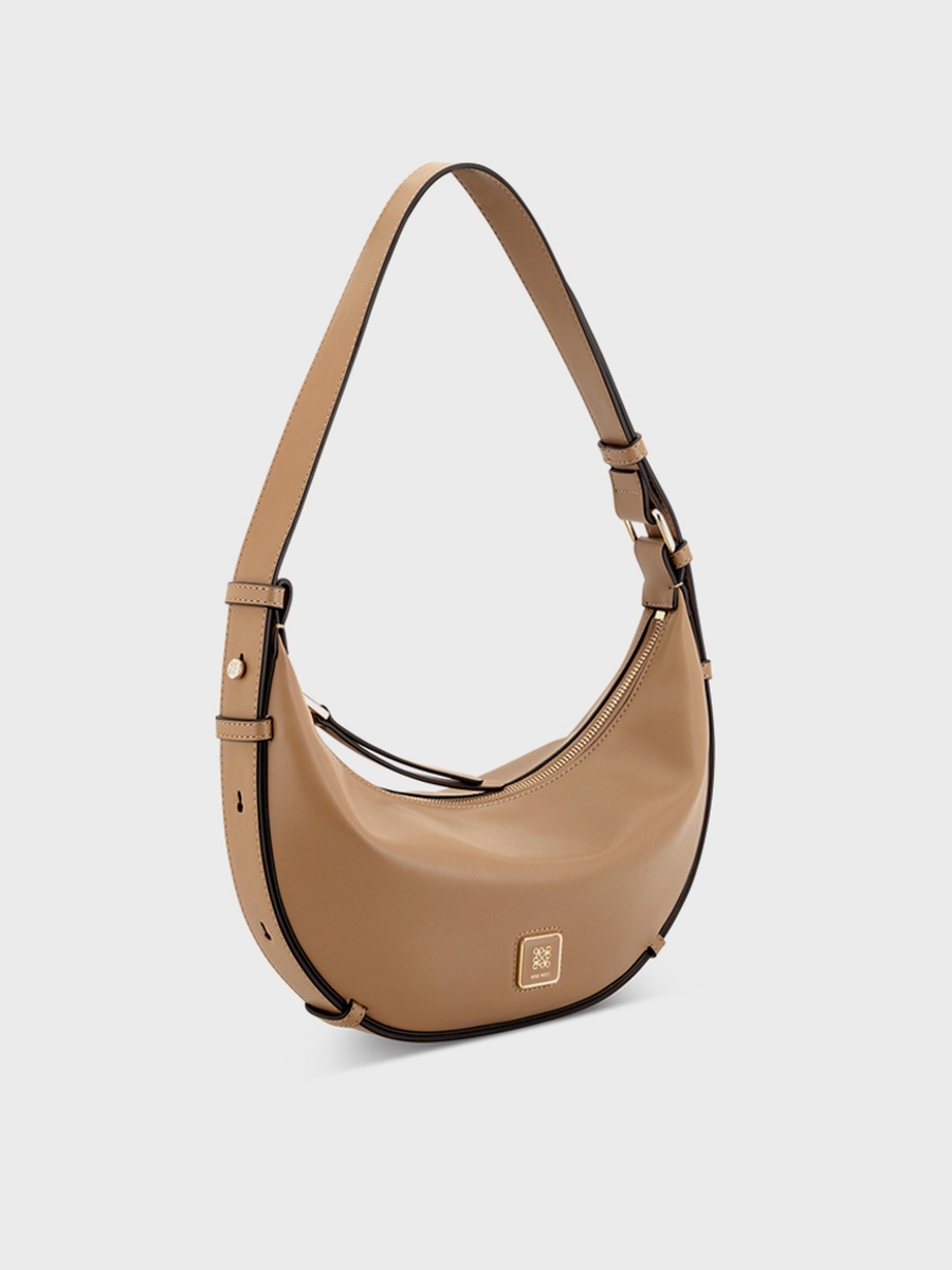 Beige Logo Detail Half Moon Shoulder Bag