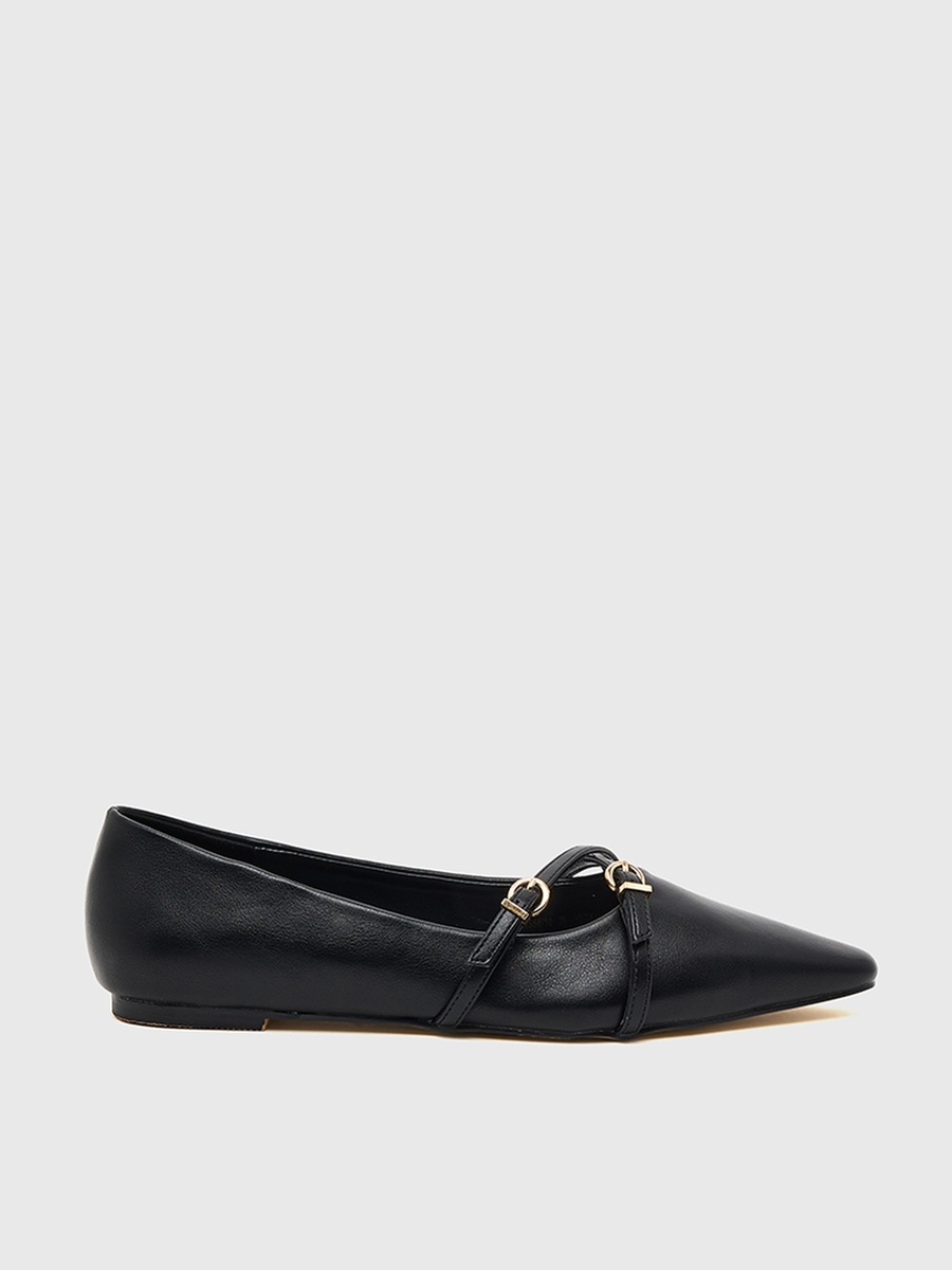 Black Buckle Detail Pointed Toe Ballerina Shoes
