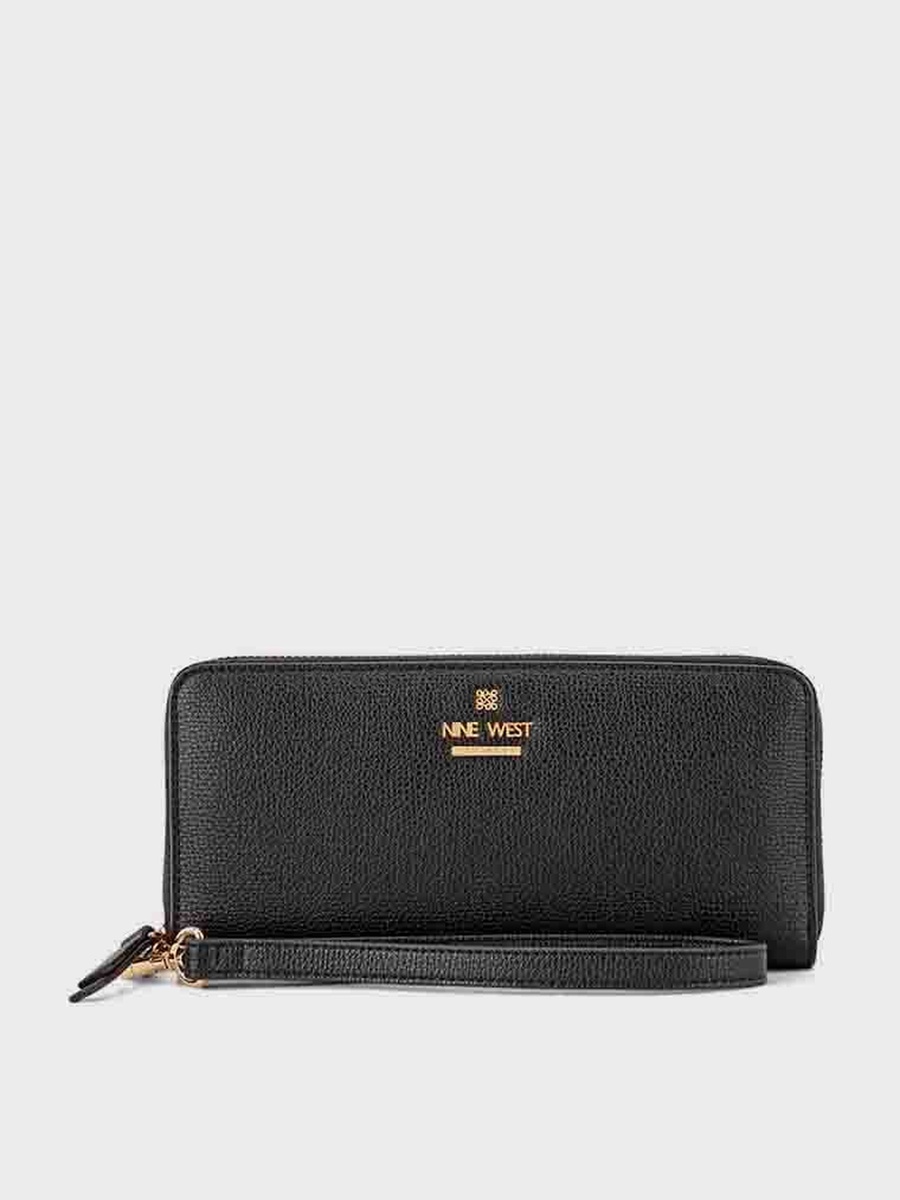 Black Logo Detail Wristlet Zip-Around Wallet