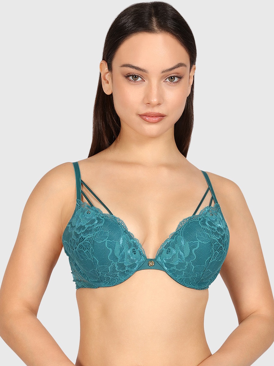 Floral Lace Padded Double Push Up Plunge Bra