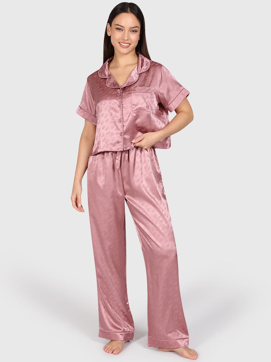 Pink Satin Logo Pattern Shirt and Pyjama Set