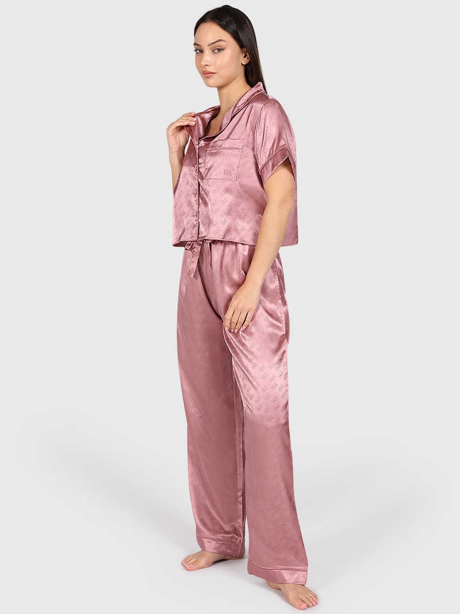 Pink Satin Logo Pattern Shirt and Pyjama Set