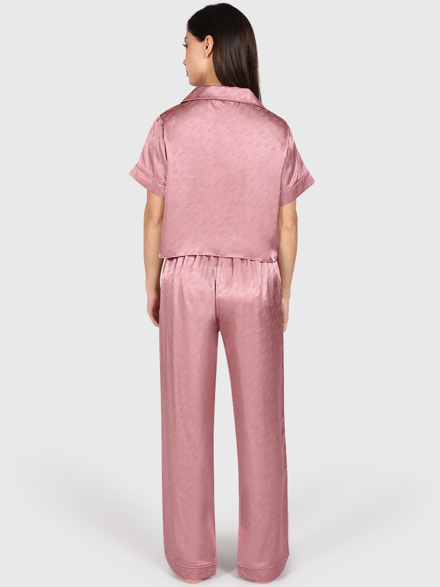 Pink Satin Logo Pattern Shirt and Pyjama Set