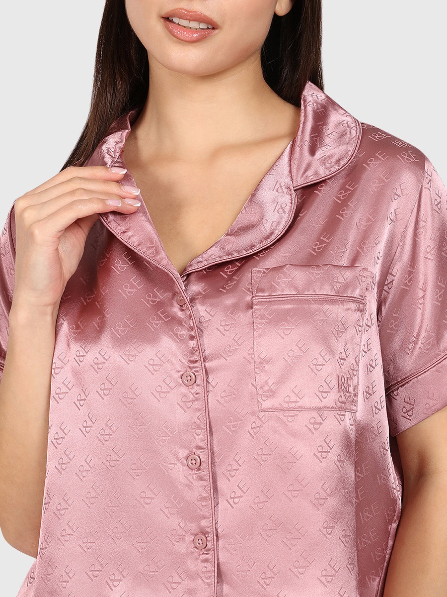 Pink Satin Logo Pattern Shirt and Pyjama Set