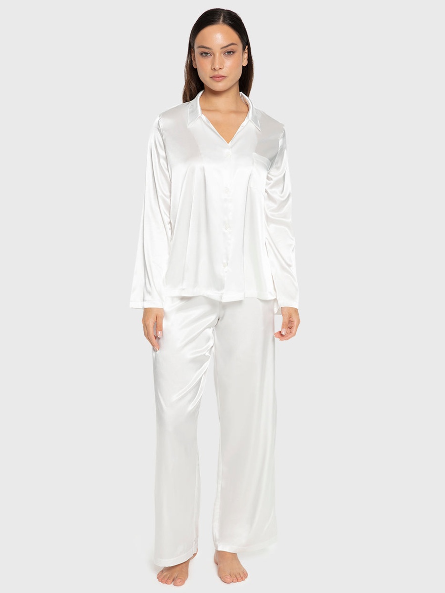 White Satin Long Sleeve Shirt and Pyjama Set