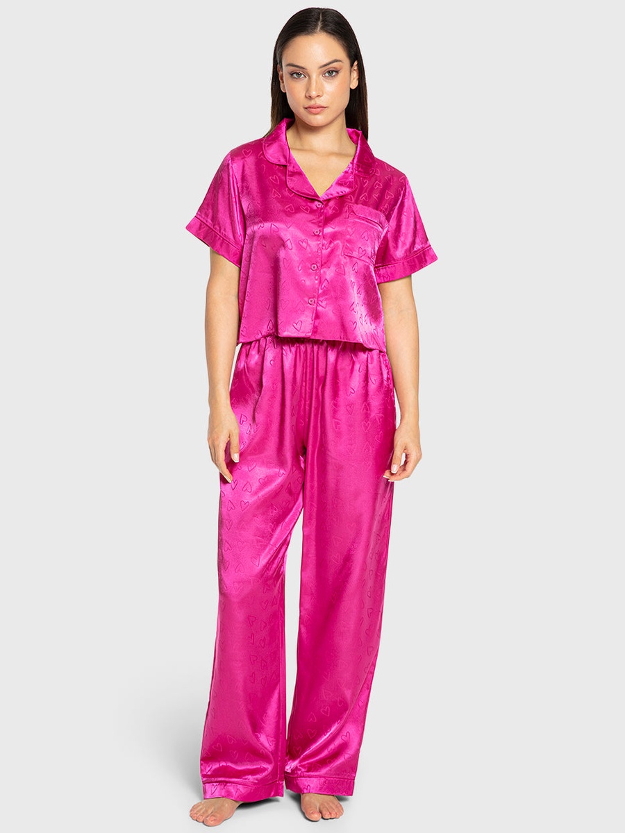 Dark Pink Heart Pattern Satin Shirt and Pyjama Set