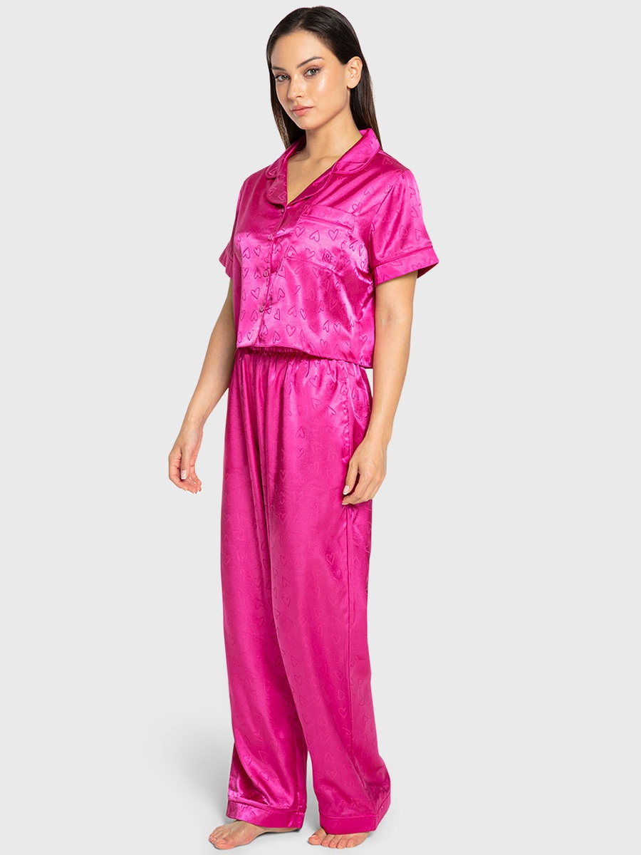 Dark Pink Heart Pattern Satin Shirt and Pyjama Set