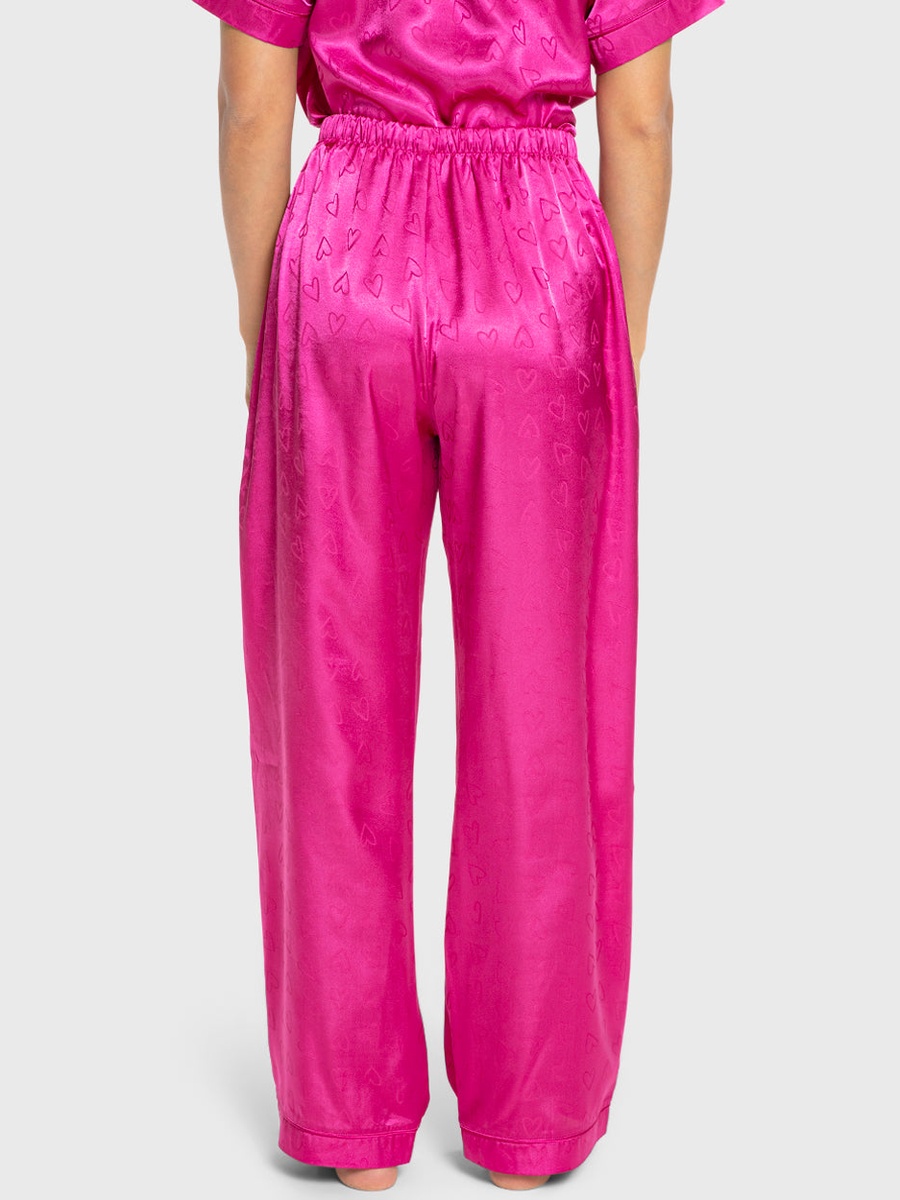Dark Pink Heart Pattern Satin Shirt and Pyjama Set