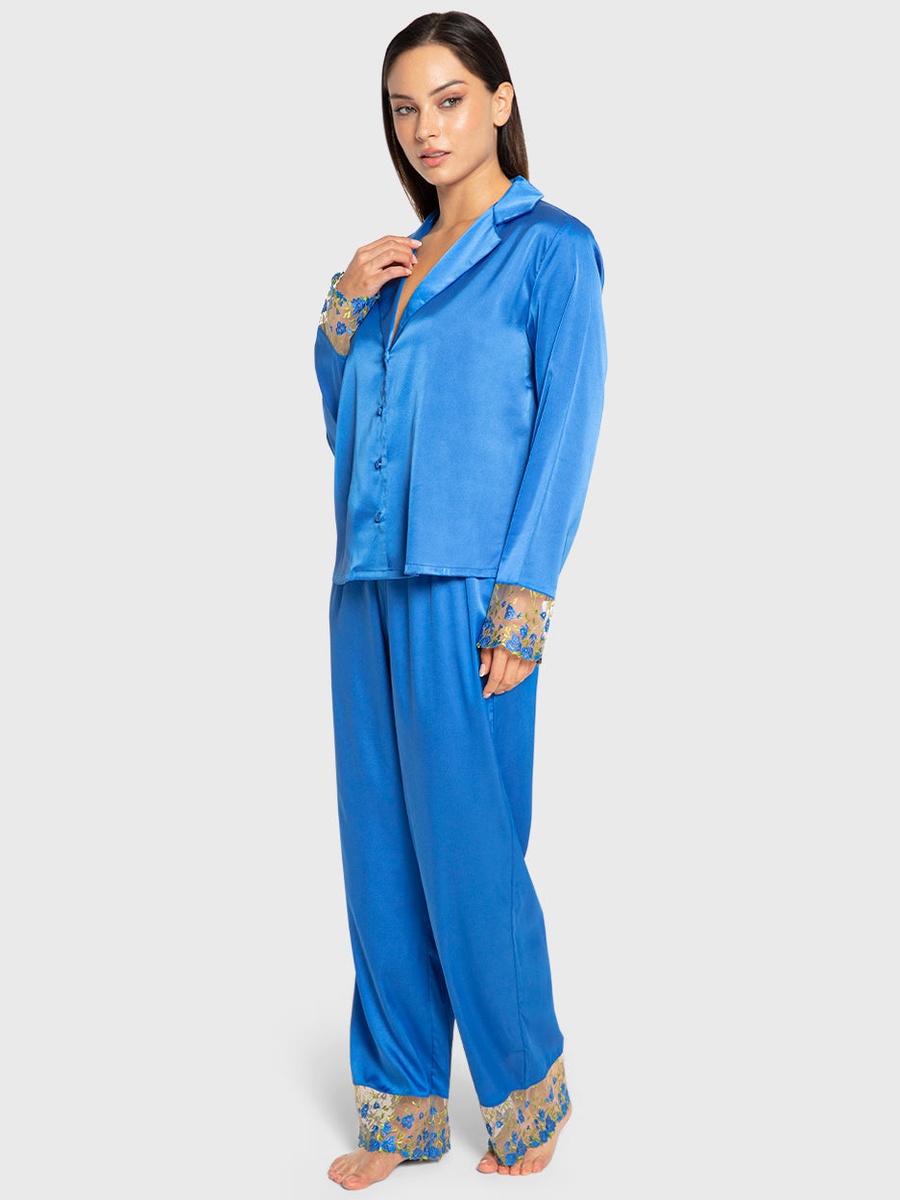 Blue Satin Long Sleeve Shirt and Pyjama Set