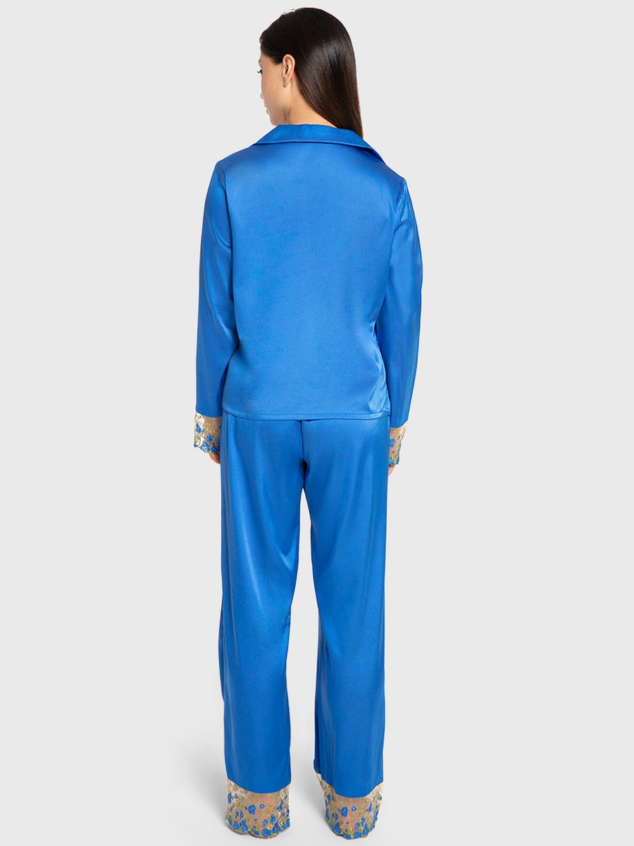 Blue Satin Long Sleeve Shirt and Pyjama Set