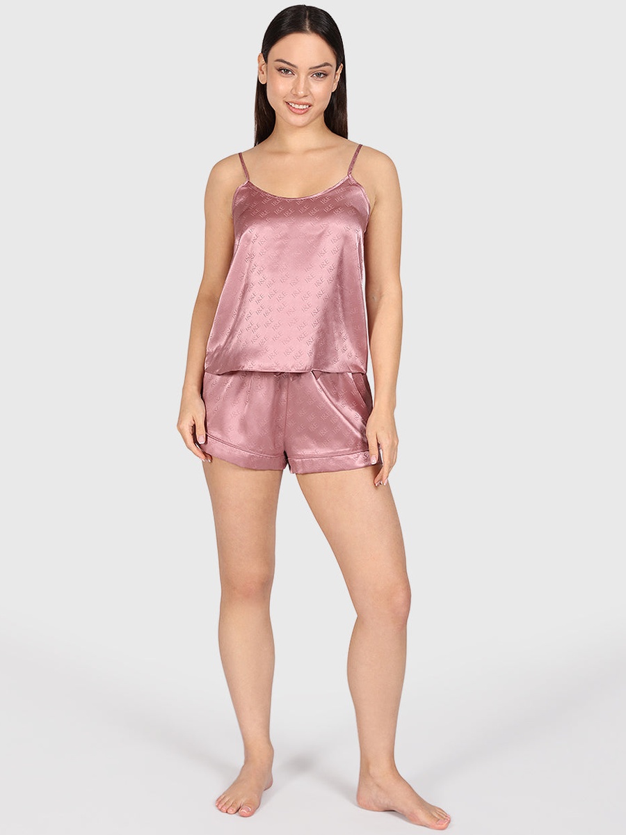 Pink Satin Logo Pattern Cami and Shorts Set